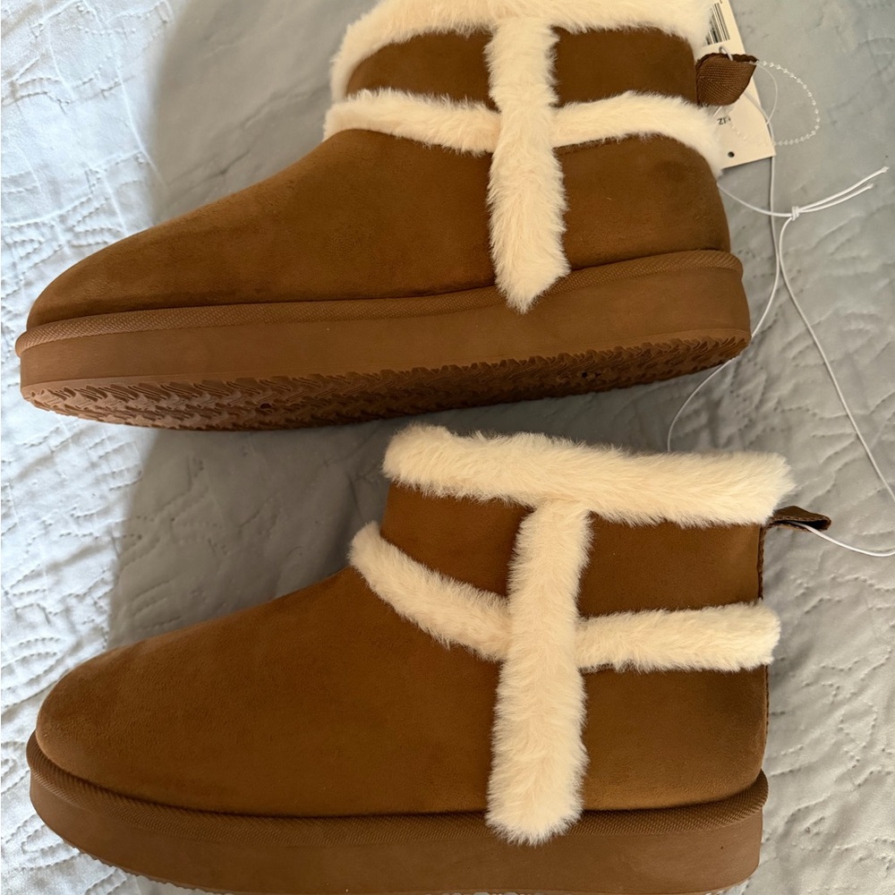 Chestnut Faux-Suede Shearling Trim Ankle Boots